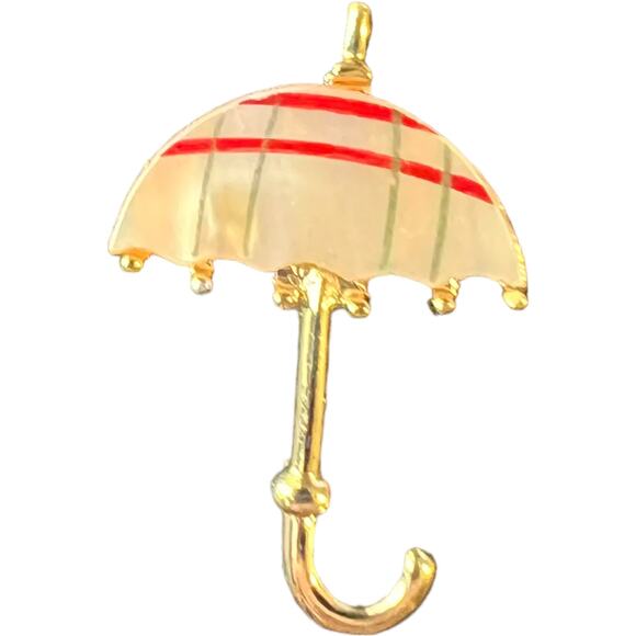 Vintage Umbrella Brooch Pin Mother of Pearl Red Stripe Gold Tone 1960s Parasol - Picture 3 of 15